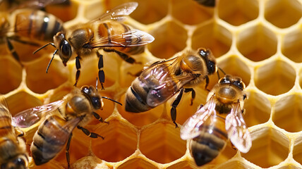 Closeup Detail of Honeybees Working on Honeycomb in Beehive