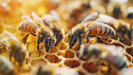 Macro photo Honeybees Busy at Work in Golden Hive Environment Reflecting Teamwork.