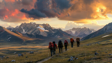 Majestic Sunset Hike, Group of People Trekking with backpacks in Mountainous Terrain, sunset light.