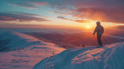 Adventurous Snowboarder Capturing Selfie at Sunrise on Snowy Mountain Slope