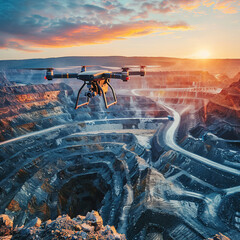 Industrial Drone Surveying Open Pit Mining Operations Under Bright Blue Sky. Concept engineering geology industry, 5g technology.