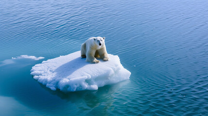 Lonely Polar Bear Sitting on Small Ice Floe in Blue Arctic Waters, aerial top view. Global warming, change climate concept.