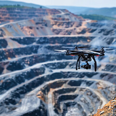 Industrial Drone Surveying Open Pit Mining Operations Under Bright Blue Sky. Concept engineering geology industry, 5g technology.