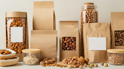 Eco Friendly Packaging with Almonds and Walnuts on Neutral white Background.