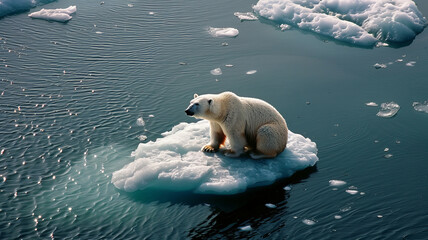 Lonely Polar Bear Sitting on Small Ice Floe in Blue Arctic Waters, aerial top view. Global warming, change climate concept.