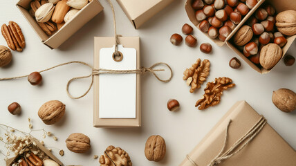 Eco Friendly Packaging with Almonds and Walnuts on Neutral white Background.