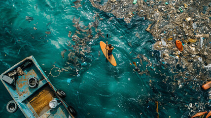 Aerial top view Paddler Navigating through Ocean Plastics. Concept pollution garbage clear water Asia.