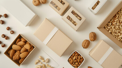 Eco Friendly Packaging with Almonds and Walnuts on Neutral white Background.