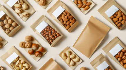 Eco Friendly Packaging box with white blank label for name and Organic Nuts Assortment Display on Neutral Background.