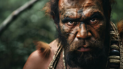 Portrait Neanderthalensis contemplative primitive Man with natural Backdrop, sunset light.