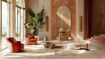 Fototapeta premium A living room with a marble floor and large windows, allowing plenty of natural light to illuminate the space.