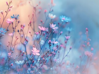 Beautiful spring meadow background with wild flowers, blue and pink pastel colors, blurred, dreamy, gentle, ethereal, fantasy, detailed, delicate, minimalism, high resolution
