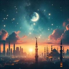 night city skyline and moon, night, sunset. Generative AI.