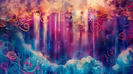 Naklejka premium Whimsical backdrop with swirling magenta and electric blue patterns golden light and waterfalls background
