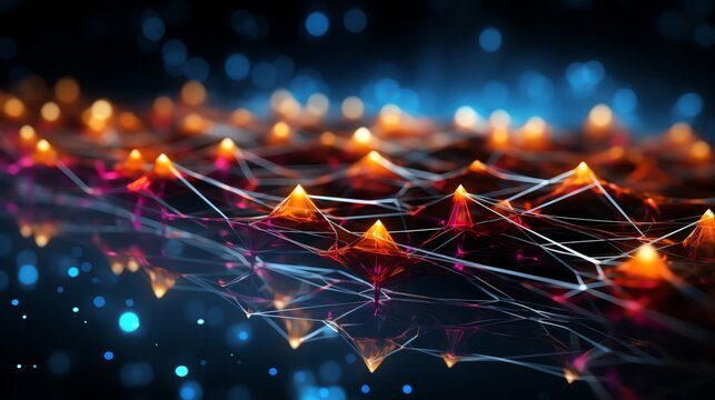 Dynamic neural network processing, side view, data flowing through nodes, vivid, futuristic tone, Split complementary color scheme
