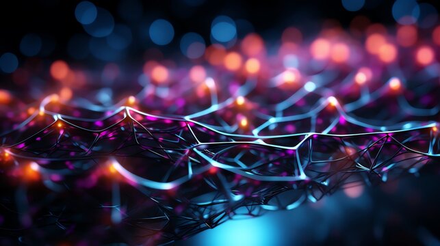 Dynamic neural network processing, side view, data flowing through nodes, vivid, futuristic tone, Split complementary color scheme