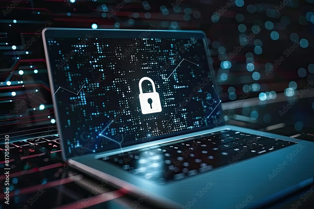 Poster secure laptop with padlock icon on screen against dark background. data protection from cyber attack