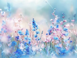 Beautiful spring meadow background with wild flowers, blue and pink pastel colors, blurred, dreamy, gentle, ethereal, fantasy, detailed, delicate, minimalism, 