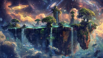 Mesmerizing dreamscape with mist waterfalls galaxies background