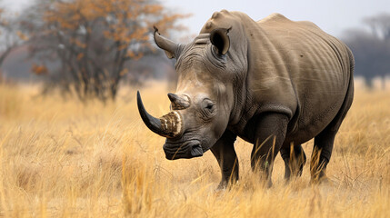 Obraz premium Rhino in savannah. A majestic rhino standing in the dry savannah with trees in the background. AI generative.