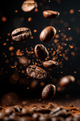 Fototapeta premium Levitating and falling coffee beans on black background.