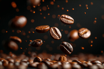 Levitating and falling coffee beans on black background.