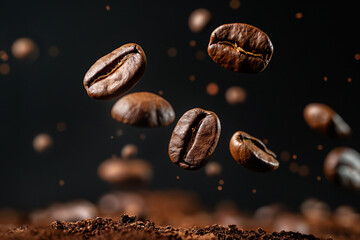 Levitating and falling coffee beans on black background.