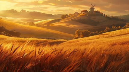 Naklejka premium Golden wheat fields under warm sun rustic countryside charm background