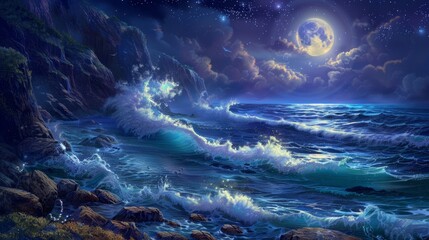 Naklejka premium Moonlit waves against rocky cliffs star-studded sky timeless allure background