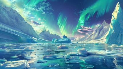 Icebergs in aurora-lit sea majestic polar beauty background