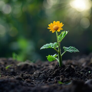 A single flower grows towards the light