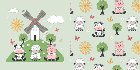 Children's drawing with cute pets. With a funny calf, sheep and pig. Seamless background, cute vector texture for baby bedding, fabric, wallpaper, wrapping paper, textiles and more.