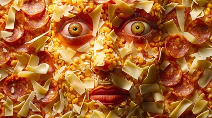 portraits recreated using pizza ingredients as pixels, with pepperoni for eyes and cheese for hair, surrealism
