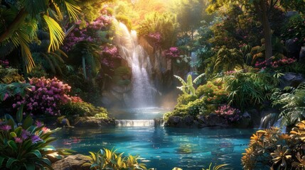 Serene landscape with cascading waterfall at sunrise background