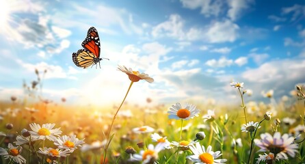 Beautiful spring meadow with daisies and blue sky background, a butterfly flying over the flowers in the style of a banner format