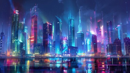 Obraz premium Vibrant cityscape with futuristic skyscrapers and harbor background