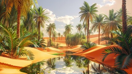 Desert oasis lush palm trees shimmering pools intense heat background