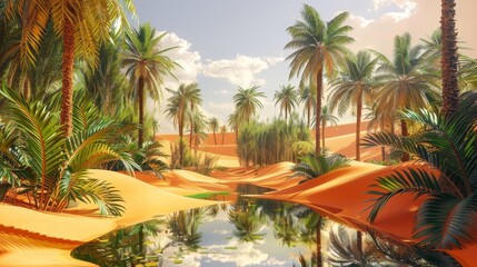 Fototapeta premium Desert oasis lush palm trees shimmering pools intense heat background