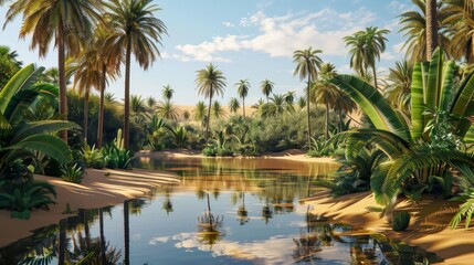 Surreal oasis lush palm trees shimmering pools intense heat background
