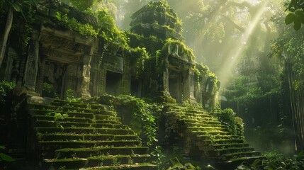 Ruins in the jungle with sunlight piercing through foliage background