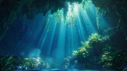 Fototapeta premium Bioluminescent sea life in an underwater cave lit by sunlight shafts background
