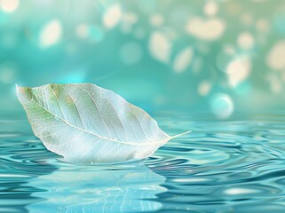 Beautiful transparent white leaf with blue and green background, reflection on water surface