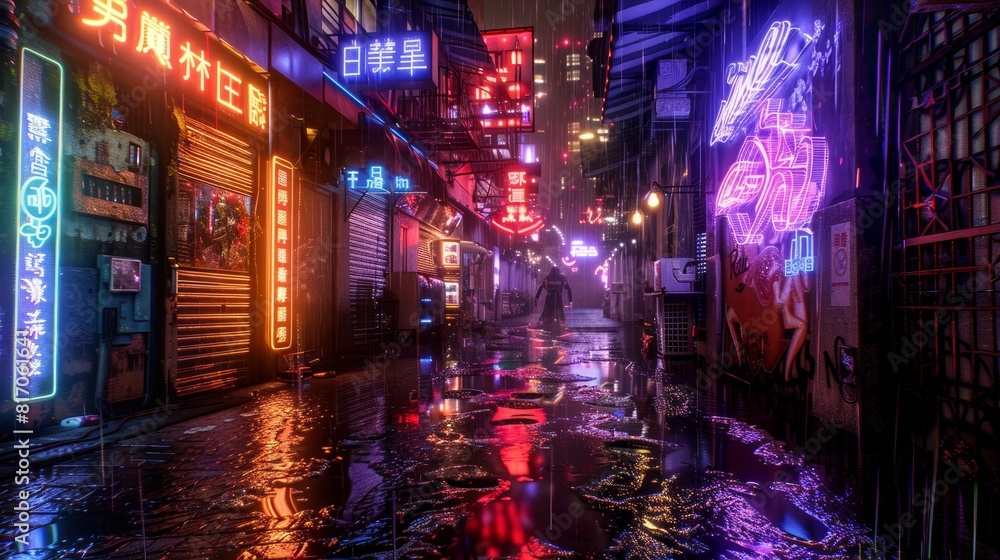 Canvas Prints Cyberpunk alleyway with neon signs and holographic ads background