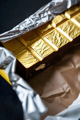 Luscious golden chocolate bar, unwrapped and glistening. Indulgent treat that combines luxury and delight