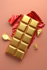 gold chocolate bar and gold nuggets, product, metaphor about the value of the product in the market, luxury product, red wrapping, ruby background, 