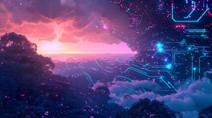Abstract cybernetic landscape against neon-lit skies background