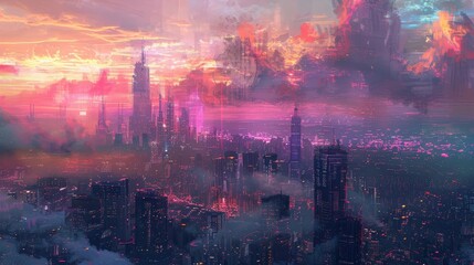 City skyline at dusk skyscrapers against pastel-colored clouds background
