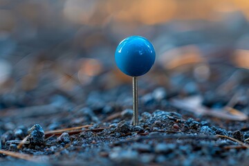 A blue sphere perched on a pole amidst soil