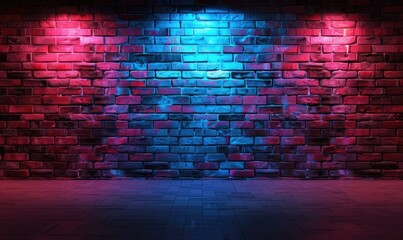 Red and Blue Neon Lights Illuminating a Brick Wall Texture Background
