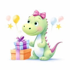 Cute Dinosaur with Birthday Present, Watercolor Pastel 3D Animation